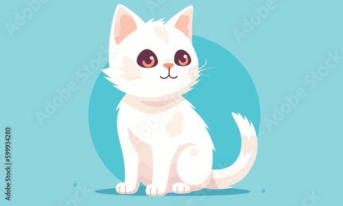A cute white kitten on a sky blue background.