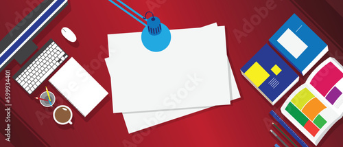 Office workplace top view. Illustration of modern business office or workspace in flat style. Template infographic or advertising banner concept. Copy space.