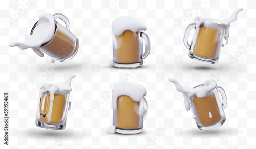 3D rotation of beer mug. Set of realistic images. Beer glass from different sides on transparent background. Foamy alcoholic drink. Volumetric symbols
