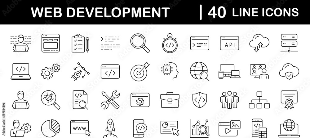 Web development set of web icons in line style. Developer icons for web and mobile app. Code, api, programmer coding, app, flow, node connect, web coder, bug fix and more. Vector illustration - obrazy, fototapety, plakaty 