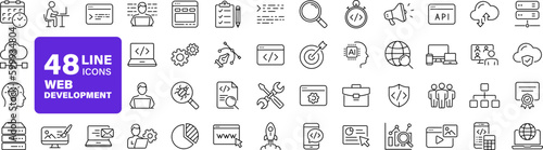 Web development set of web icons in line style. Developer icons for web and mobile app. Code, api, programmer coding, app, flow, node connect, web coder, bug fix and more. Vector illustration