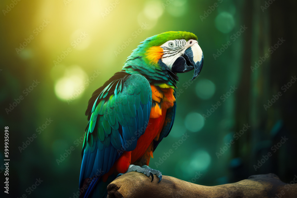 Colorful parrot perched on top of tree branch next to forest. Generative AI.