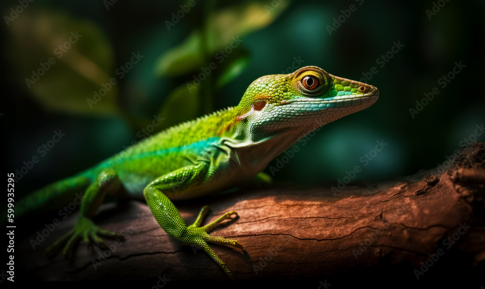 Close up of lizard on branch with leaves in the background. Generative AI.