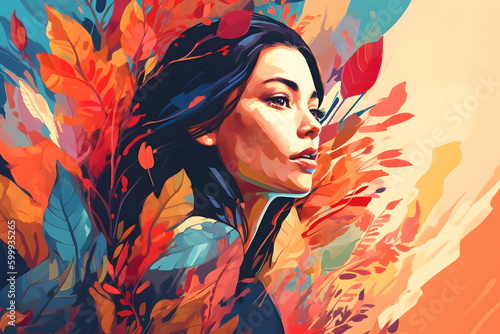 Image of woman's face with autumn leaves around her and her hair blowing in the wind. Generative AI.