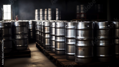 Bunch of metal barrels sitting on wooden pallet in warehouse. Generative AI.
