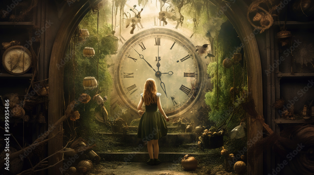 Alice in Wonderland standing in front of a big clock - obrazy, fototapety, plakaty 