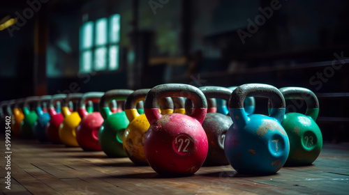 Row of weights sitting on top of wooden table next to each other. Generative AI.