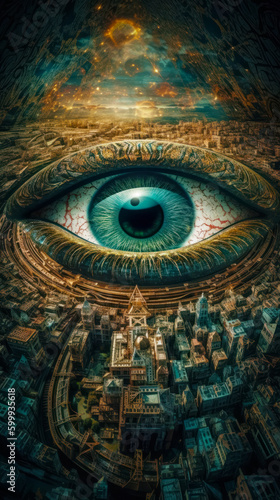 Eye with city in the background and city in the foreground. Generative AI.