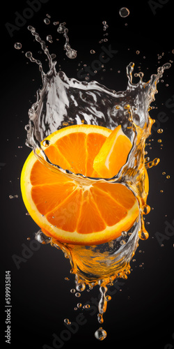 Two oranges are cut in half with water splashing on the side. Generative AI.