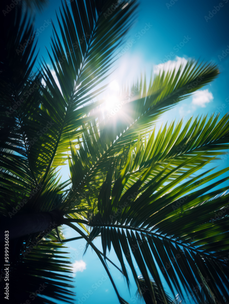 The sun shines through the leaves of palm tree on sunny day. Generative AI.