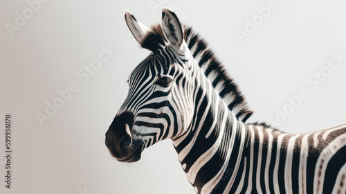 Close up of zebra s head with white background behind it. Generative AI.