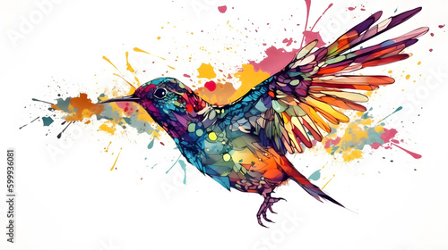 Colorful bird is flying in the air with its wings spread and wings spread out. Generative AI.