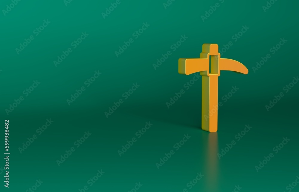 Orange Pickaxe icon isolated on green background. Minimalism concept. 3D render illustration