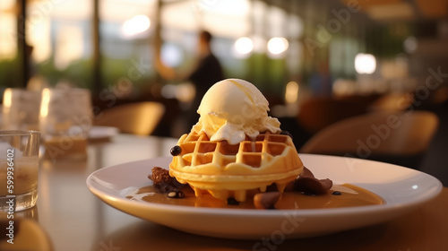 Close up of waffle with ice creams and mixed berries, copy space , concept for breakfast or dessert, blur background kitchen morning light. Generative AI