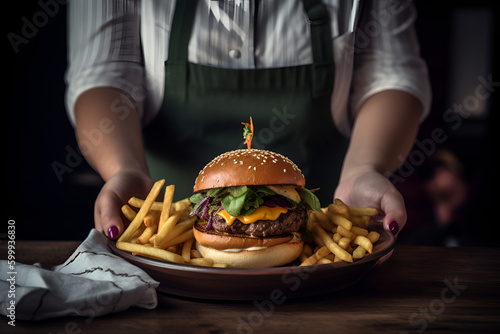 Friendly waitress serving a delicious hamburger. The juicy patty is topped with fresh lettuce, tomato, and cheese, and nestled between two soft buns with a side of crispy fries