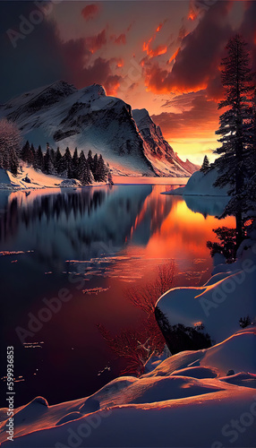 Sunset Stream Forest River and White Snow in Golden Light Winter Landscape AI Generative