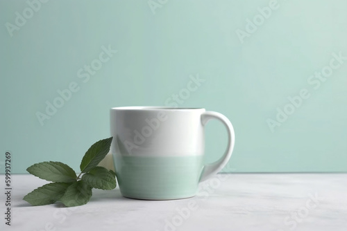 A mint green mug with a leaf next to it. Genarative ai