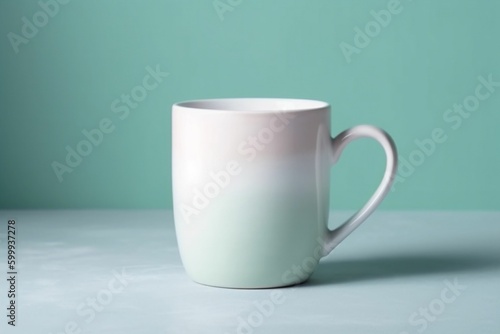 A green coffee mug with a white handle sits on a white table. Genarative ai