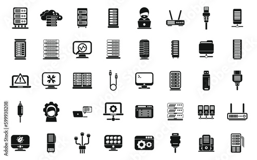 System administrator icons set simple vector. Server data. Cable computer