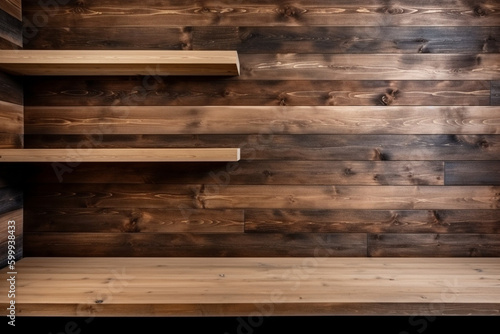 A wooden plank wall with shelves. Wood texture, background Generative AI