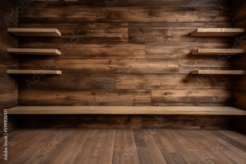 A wooden plank wall with shelves. Wood texture  background Generative AI