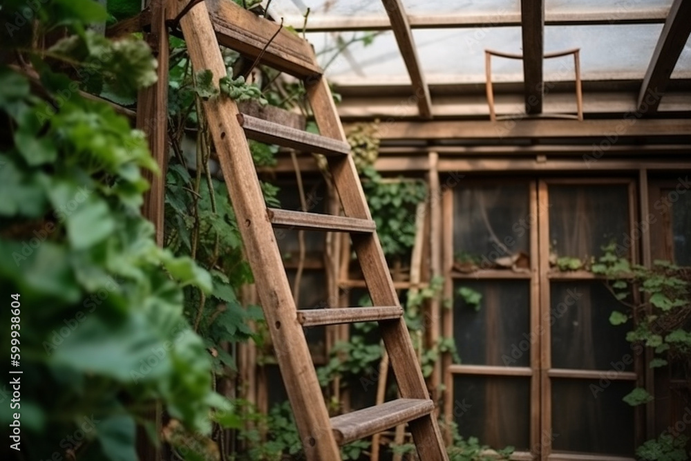 A wooden ladder in a greenhouse. Wood texture, background Generative AI A wooden ladder in a greenhouse. Wood texture, background Generative AI