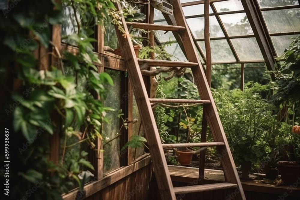A wooden ladder in a greenhouse. Wood texture, background Generative AI