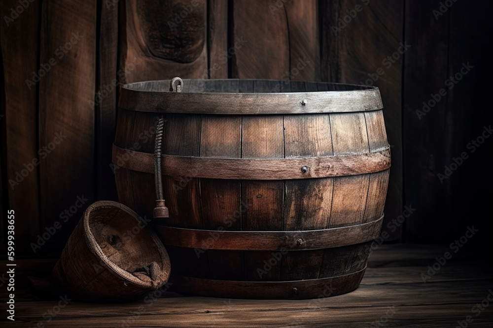 A wooden barrel with a spout. Wood texture, background Generative AI A wooden barrel with a spout. Wood texture, background Generative AI