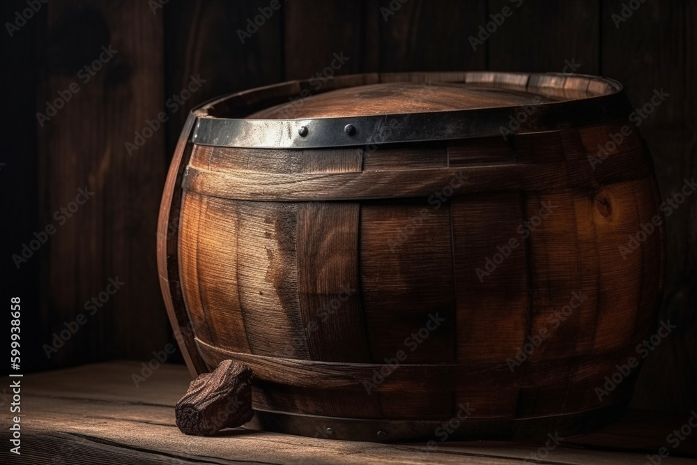 A wooden barrel with a spout. Wood texture, background Generative AI A wooden barrel with a spout. Wood texture, background Generative AI