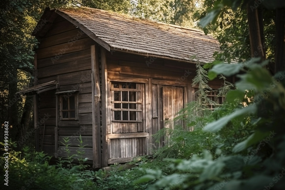 A wooden house in a forest. Wood texture, background Generative AI A wooden house in a forest. Wood texture, background Generative AI
