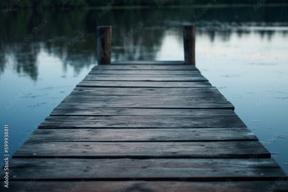 Naklejka premium A wooden dock on a calm lake. Wood texture, background Generative AI