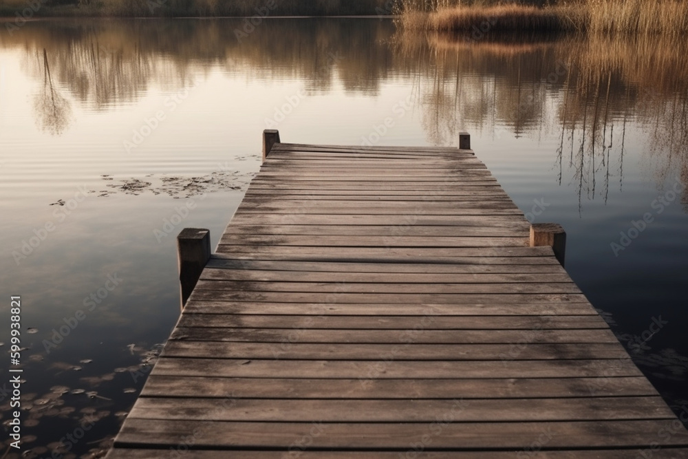 A wooden dock on a calm lake. Wood texture, background Generative AI