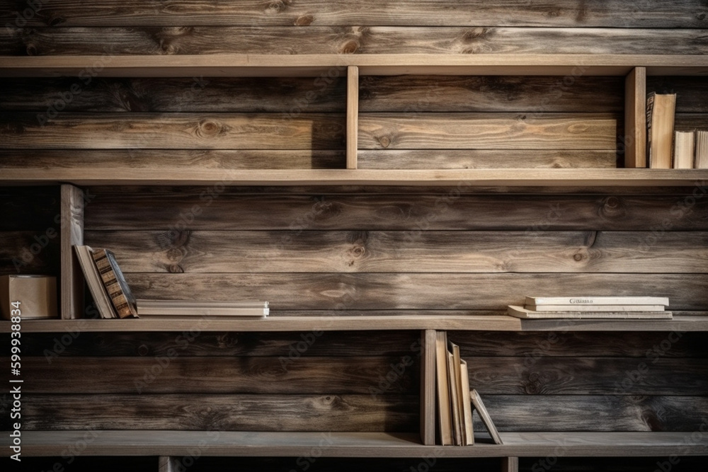 A wooden shelf filled with books. Wood texture, background Generative AI A wooden shelf filled with books. Wood texture, background Generative AI