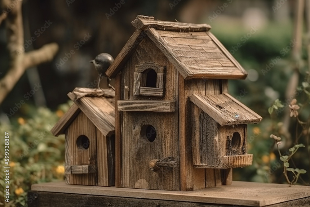 A wooden birdhouse in a garden. Wood texture, background Generative AI A wooden birdhouse in a garden. Wood texture, background Generative AI