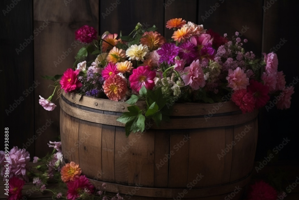 A wooden barrel filled with flowers. Wood texture, background Generative AI