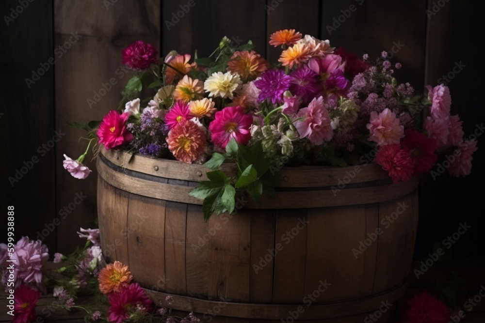 A wooden barrel filled with flowers. Wood texture, background Generative AI A wooden barrel filled with flowers. Wood texture, background Generative AI