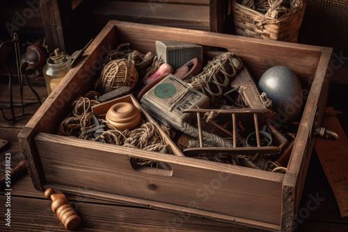 A wooden crate filled with vintage items. Wood texture, background Generative AI