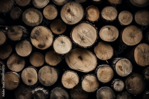 A stack of wooden logs. Wood texture, background Generative AI