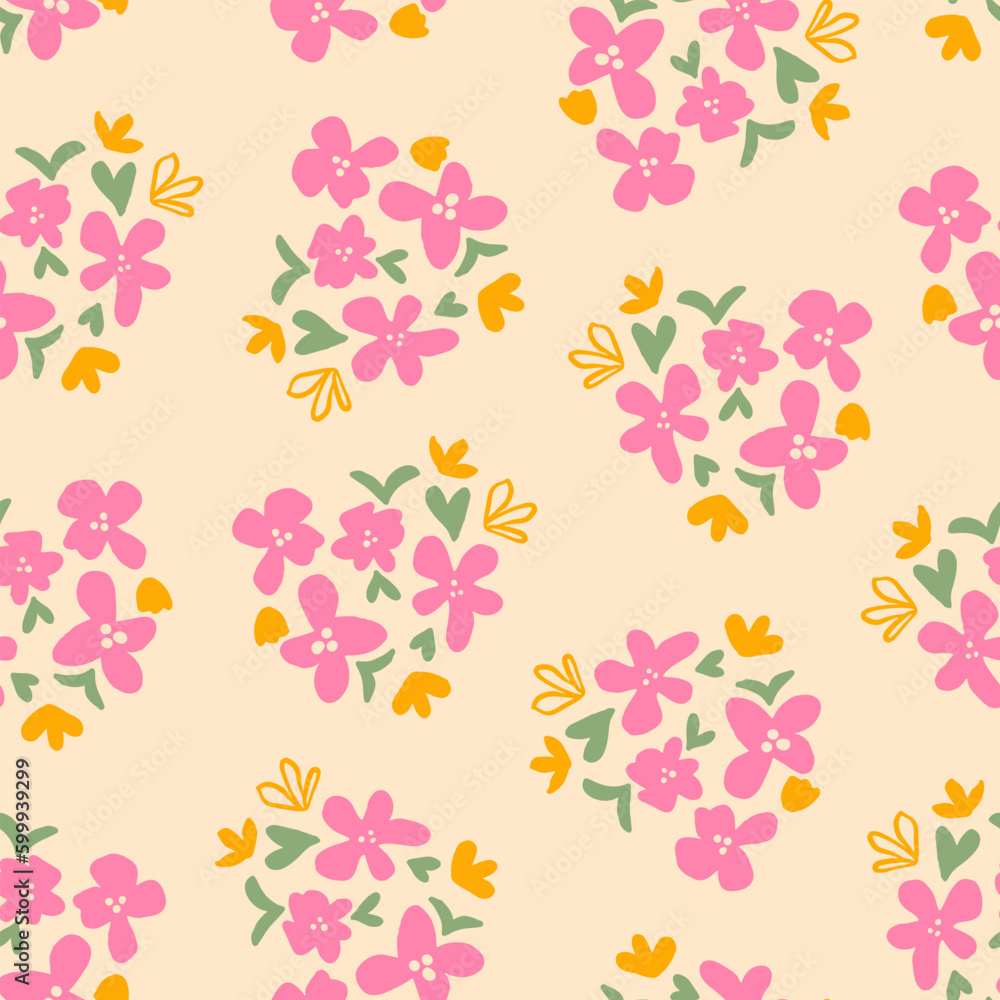 Cute calico flowers with leaves seamless repeat pattern. Random placed, vector botanical elements all over surface print on yellowish background.