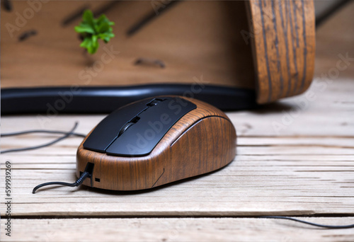 A wooden mouse on a wooden table and wooden dark background. photo