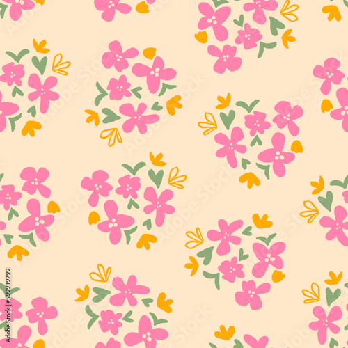 Cute calico flowers with leaves seamless repeat pattern. Random placed  vector botanical elements all over surface print on yellowish background.