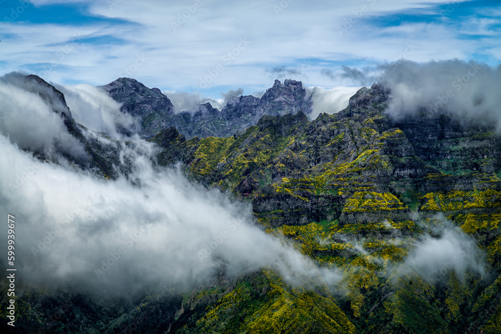 volcano mountains with clouds at madeira portugal