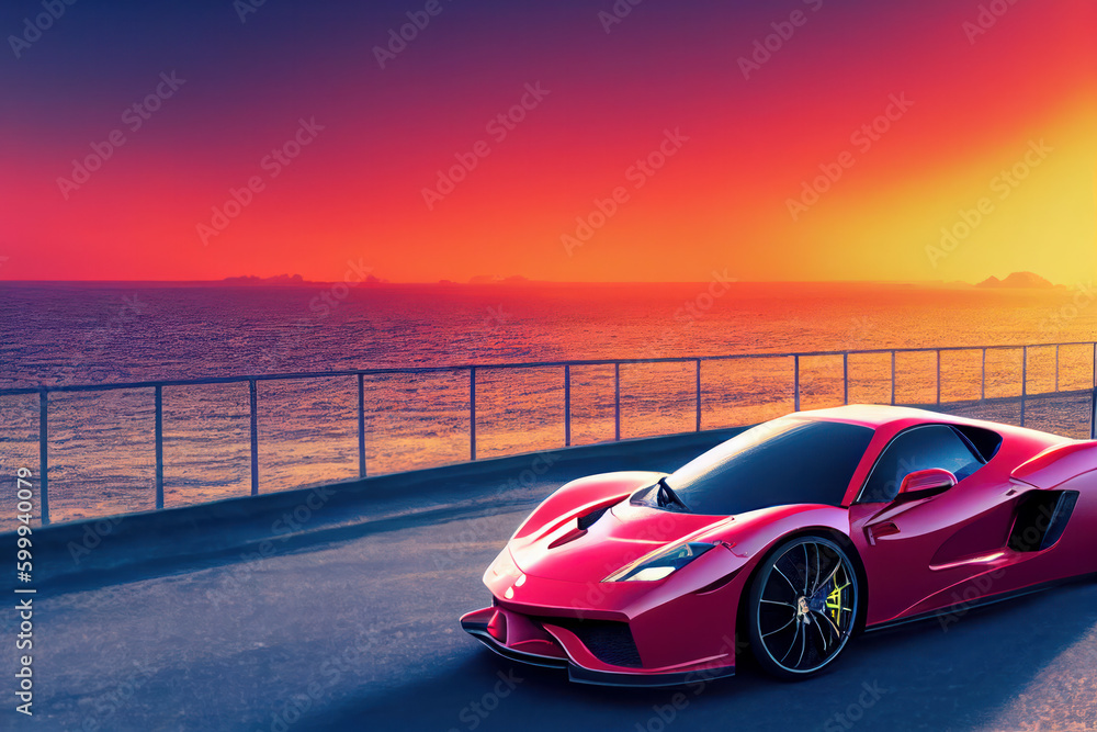 Red exotic sports car in California at the beach at sunset, generative AI