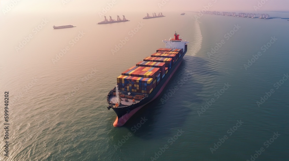 Aerial top view of cargo maritime ship with contrail in the ocean ship carrying container and running for export concept technology freight shipping by ship forwarder mast. Generative Ai.
