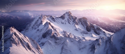 Aerial View from Airplane of Snow Covered Mountain Landscape in Winter. Colorful Pink Sky Art Render. Generative Ai. © Kowit