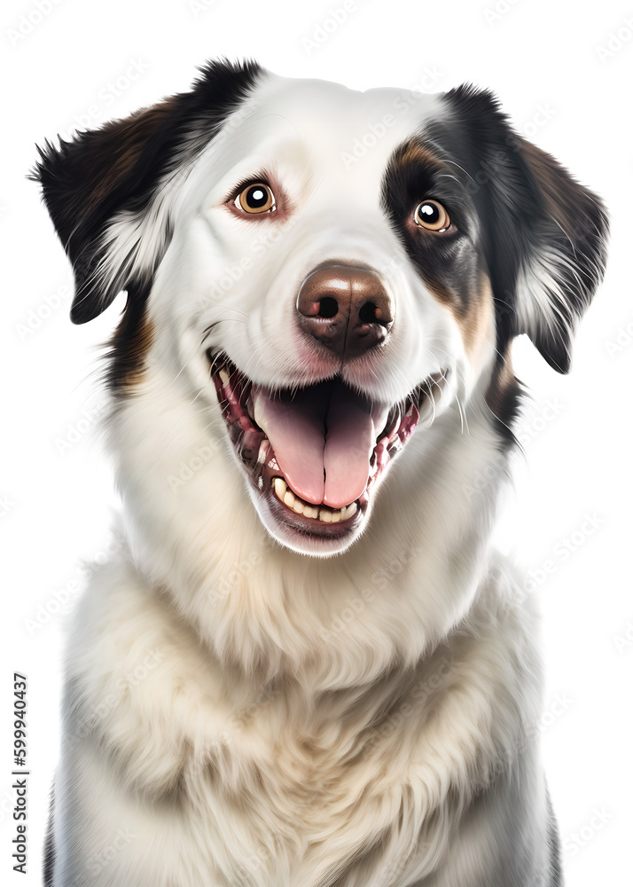 Border Collie dog head portrait, happy excited, isolated background. Generative Ai.