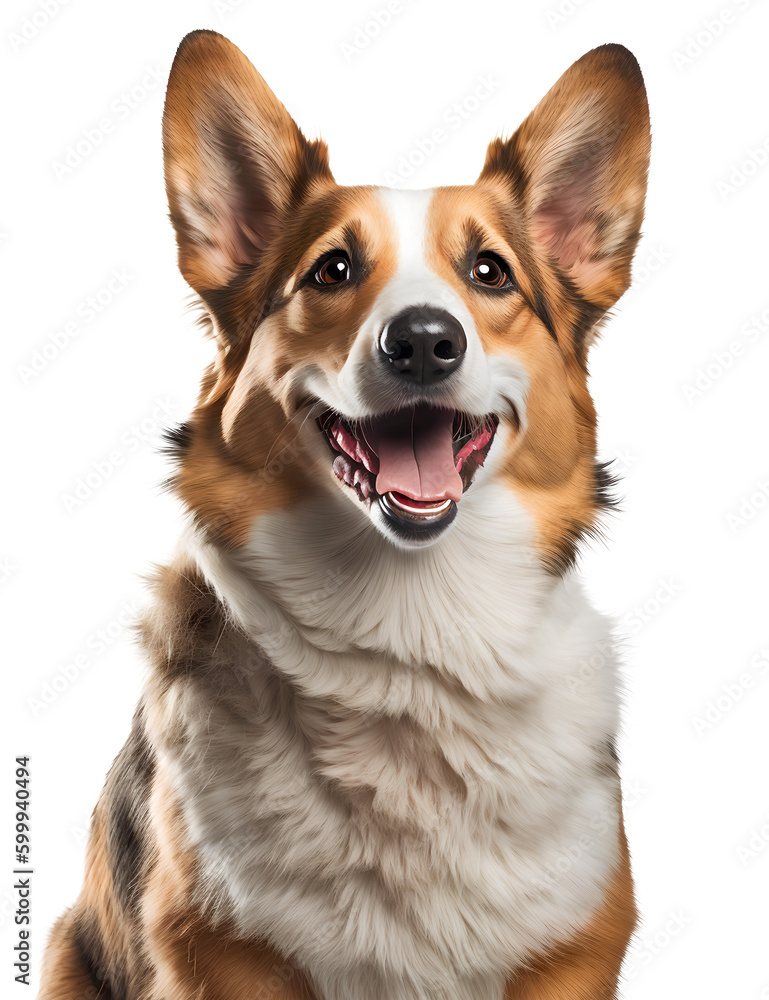 Pembroke welsh corgi dog head portrait, happy excited, isolated background. Generative Ai.
