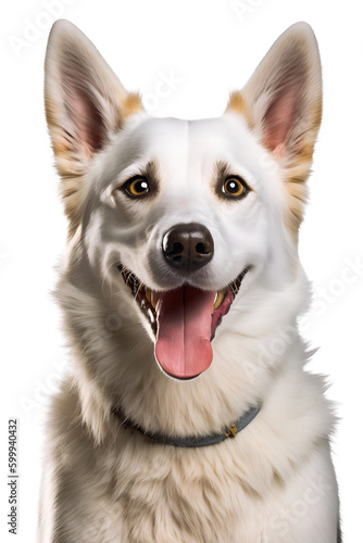 White Swiss Shepherd dog head portrait, happy excited, isolated background. Generative Ai.