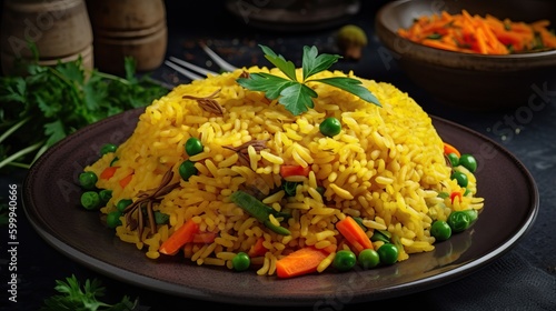 yellow rice served with steaming vegetables and spices with generative ai