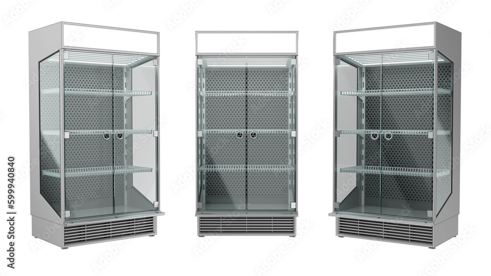 Refrigerated showcases with shelves. 3d illustration Refrigerated showcases with shelves. 3d illustration